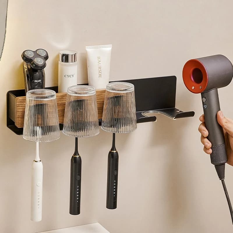 Portaoggetti per tazze per spazzolino da denti in noce da bagno, porta asciugacapelli, portabicchieri per collutorio a parete per riporre