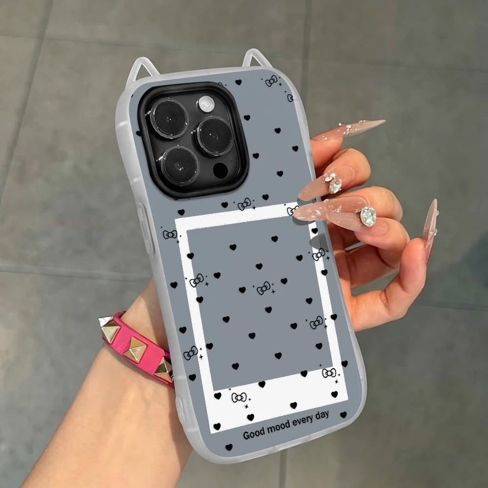 Bows and hearts Pattern Cute Cat Ears Clear Jelly Color Case For iPhone 18 Pro Max 11 12 13 14 15 16 17 Pro Max Shockproof Cover