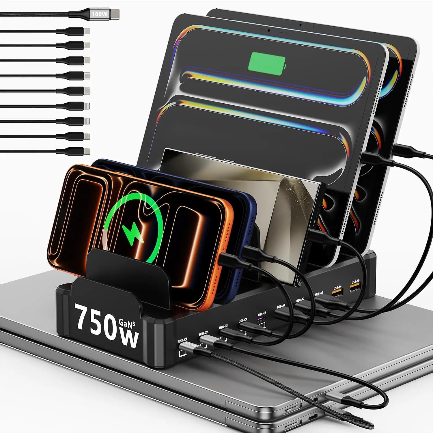 750W 10-Port Fast Charger Station: 5 USB-C 120W & 5 USB-A 30W, Desktop Charging Hub for Laptop Phone Tablet, Black