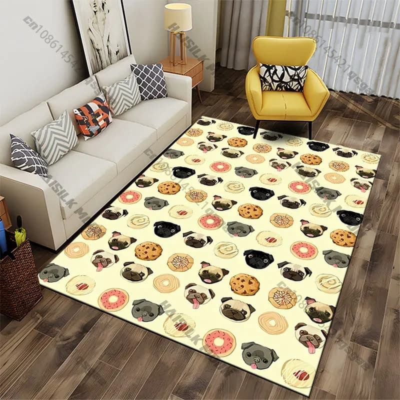 Carpet with playful motif of Pug, donuts and biscuits, for yoga, living room, interior decoration, baby crawler mat, zerbino, decorative carpet, game mat
