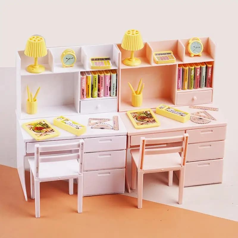 Lifelike Miniature Classroom Playset Plastic Desks Chairs Mini Books for Doll House Decoration Kids Educational Pretend Play Toy