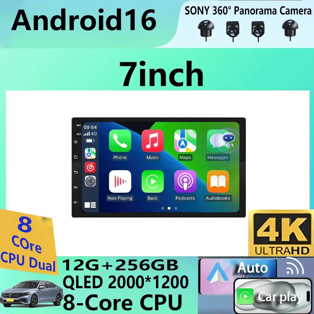 Autoradio Android 16 Universale 2 Din con Schermo QLED da 7 Pollici, GPS, DVD, Stereo, Lettore Multimediale, CarPlay, Audio