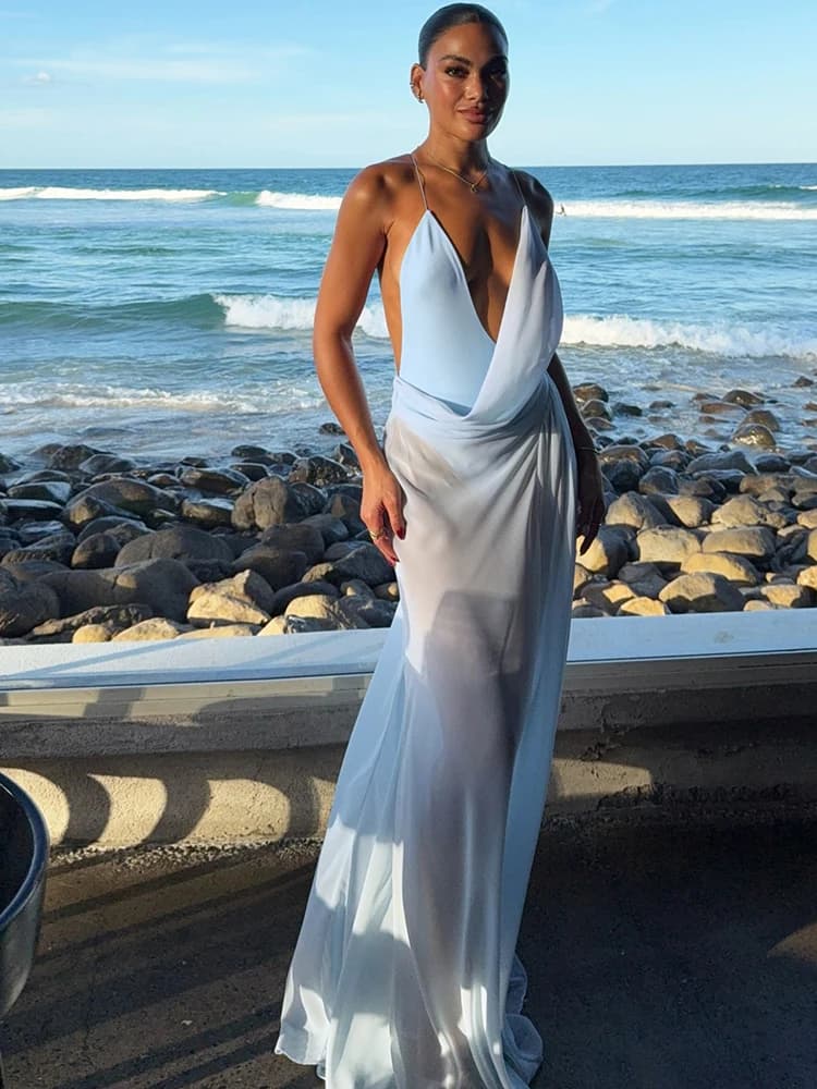 Abito Lungo Donna Kliou in Rete Patchwork con Collo Halter, Spalline Incrociate, Schiena Scoperta, Arricciato, Elegante per Vacanze, Spiaggia e Feste