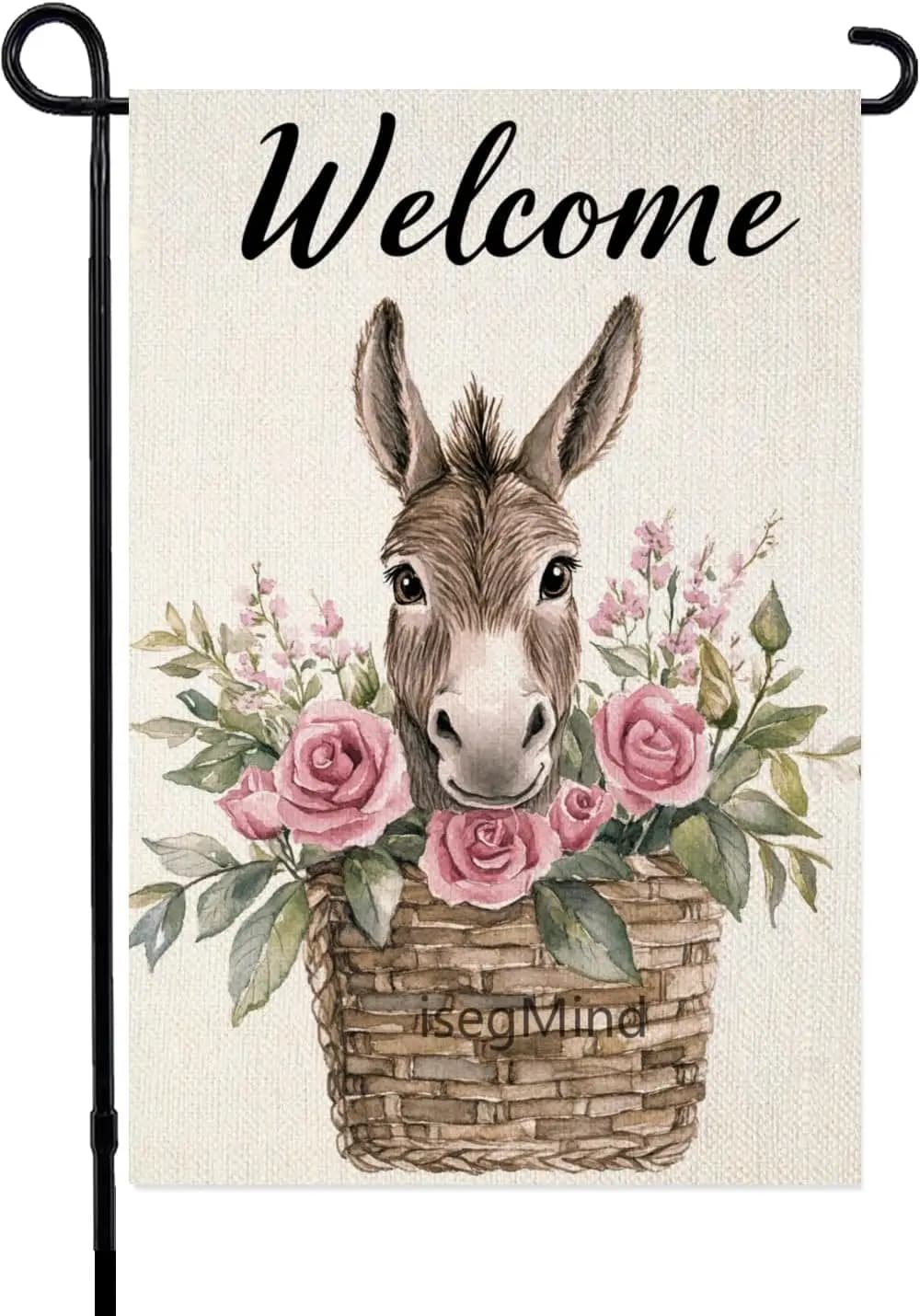 Spring Garden Flag 12x18 Inch Double Sided,Welcome Watercolor Pink Roses Small Donkey Yard Flag for Outdoor, Seasonal Summer SSL