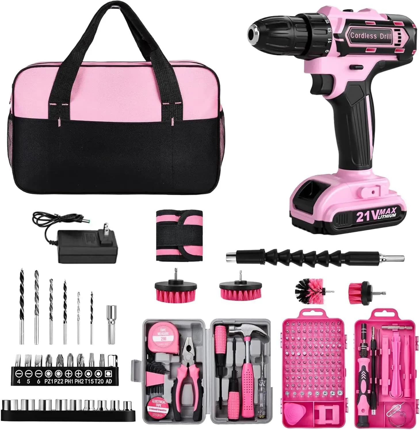Set trapano a batteria 154 pezzi, trapano elettrico 21V con custodia, cintura magnetica per attrezzi, rosa