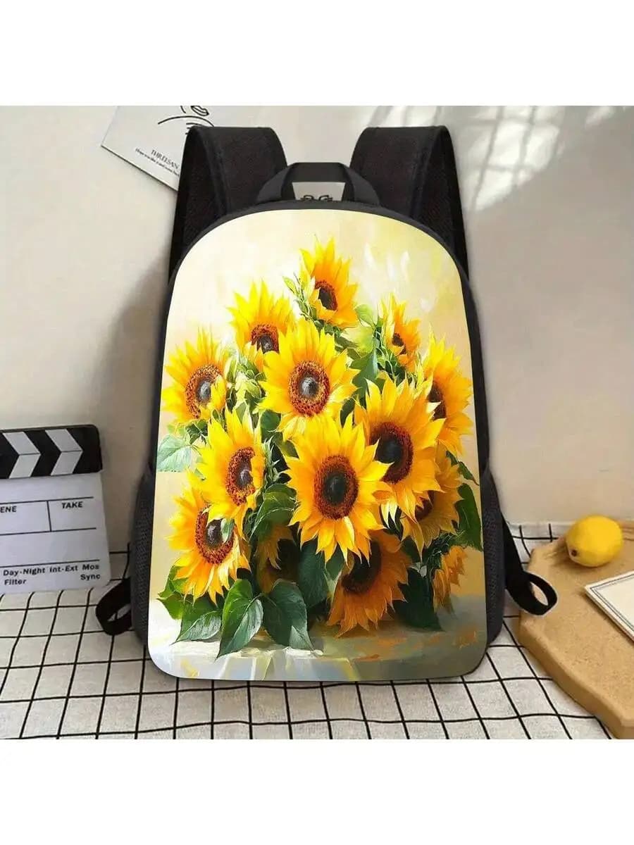 Zaino in poliestere con stampa girasole da 17 pollici con scomparto per laptop e porta borraccia