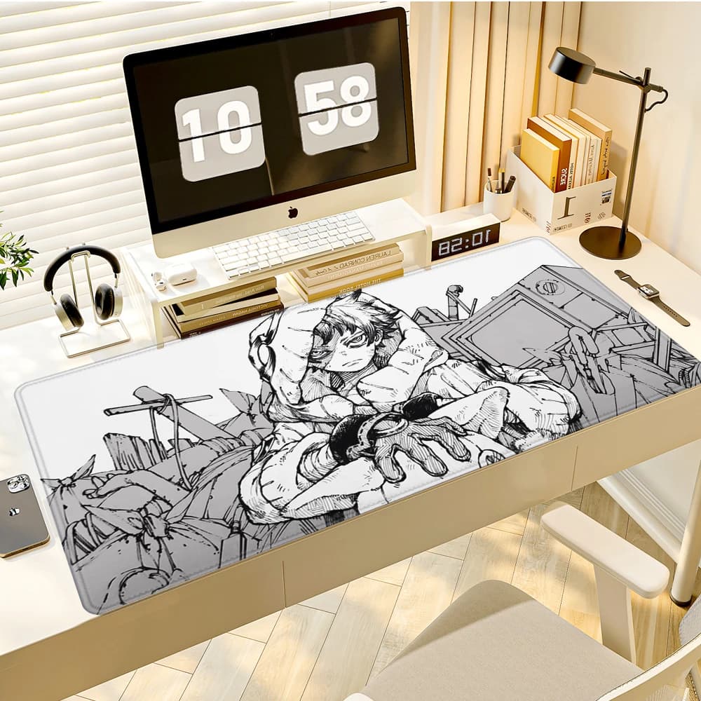 Tappetino per Mouse da Gaming, Grande Tappetino da Scrivania, Antiscivolo, Bordi Cuciti, Stampa in Bianco e Nero di Ragazzo Anime e Tecnologia, Tappetino per Tastiera per Giocatori
