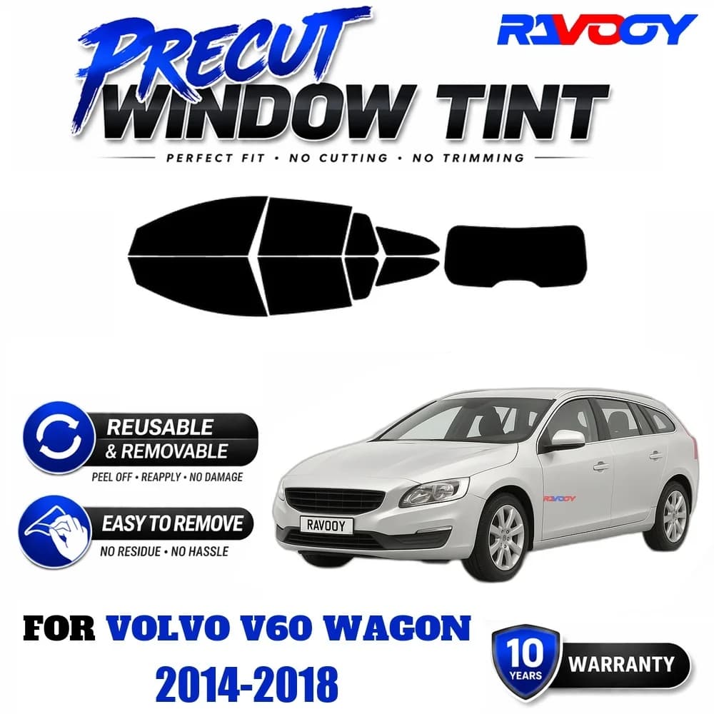RAVOOY Precut Window Tint, Reusable Removable EPU Film, Custom Fit for Volvo V60 Wagon 2014-2018, UV Heat Protection