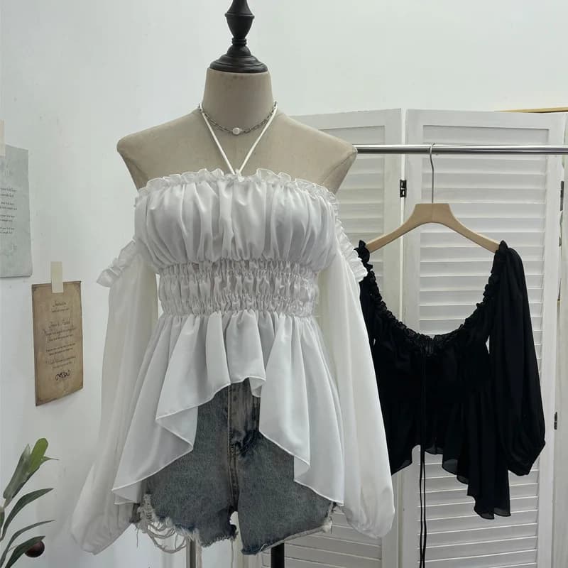 Top da Donna Pure Desire con Collo Halter, T-shirt con Nastro, Spalle Scoperte, Maniche Lunghe con Volant, Blusa Corta in Chiffon 9635