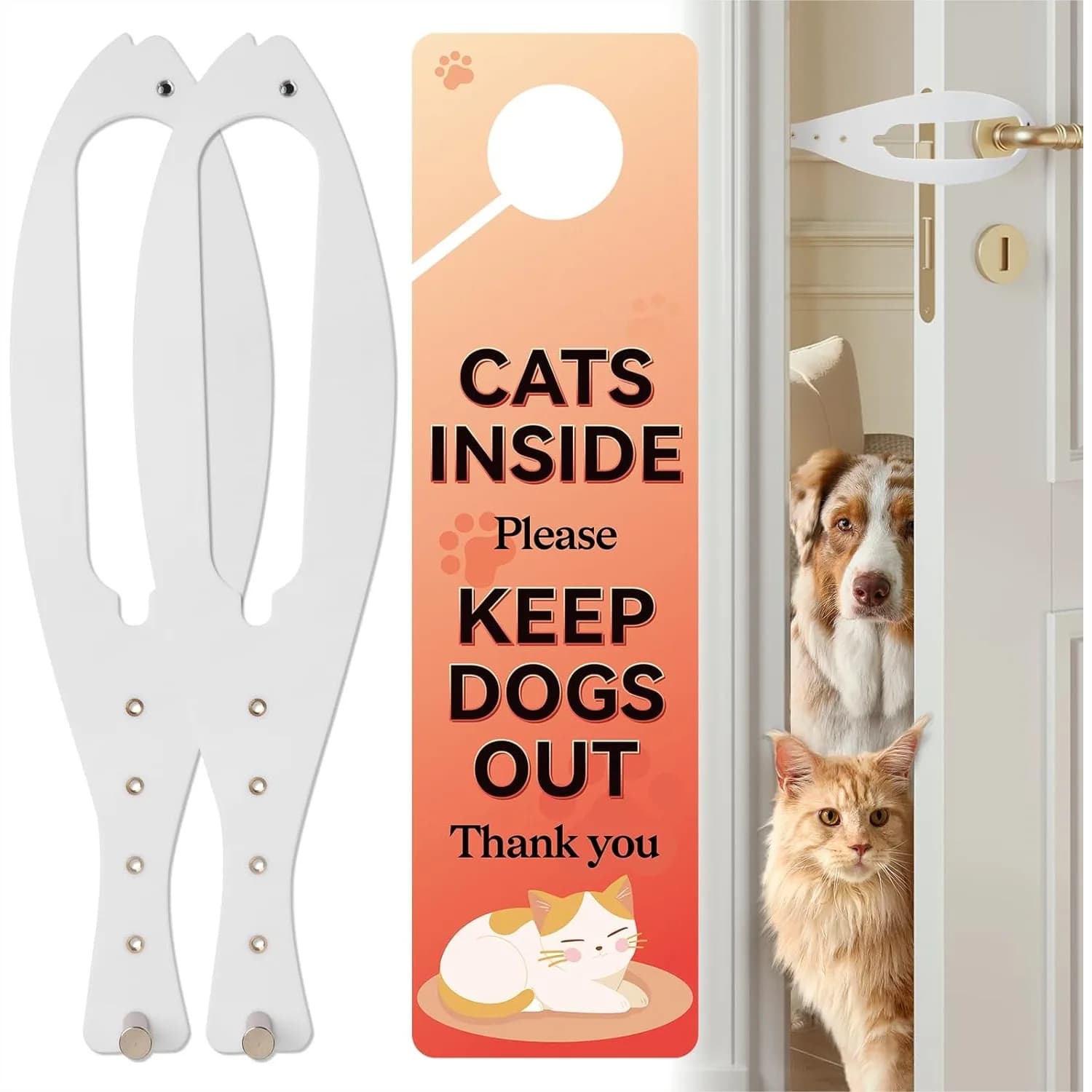Fermaporta per gatti, 2 pezzi, fermaporta per animali domestici, mantiene il cane lontano dalla lettiera e dal cibo, supporto per porta per gatti con 5 cinghie regolabili da 2,5-6 pollici di larghezza, senza misurazioni, facile da installare, bianco