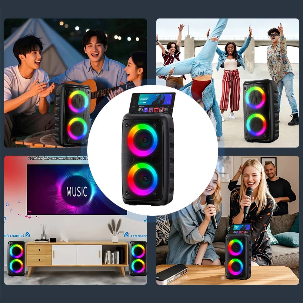 ZNLYRION Portable Bluetooth Karaoke Speaker Dual 3 Inch 10W RGB Ring Light TWS Wireless Stereo Speaker With Wired Mic 2400mAh Rechargeable Battery