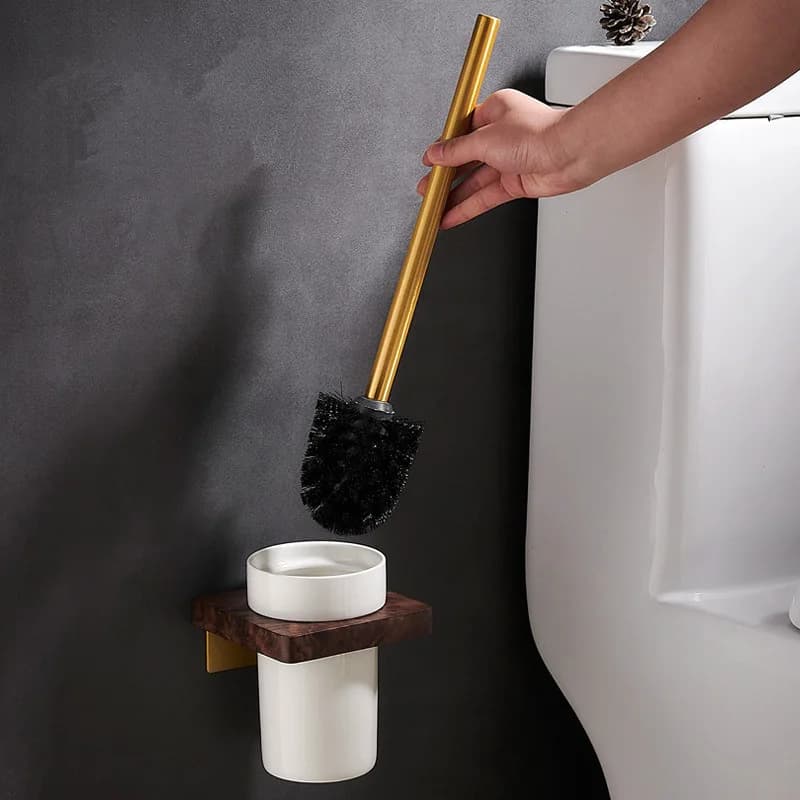 IMPEU Set scopino per WC in legno vintage di lusso con supporto a parete per bagno, tazza in ceramica, metallo dorato spazzolato rustico