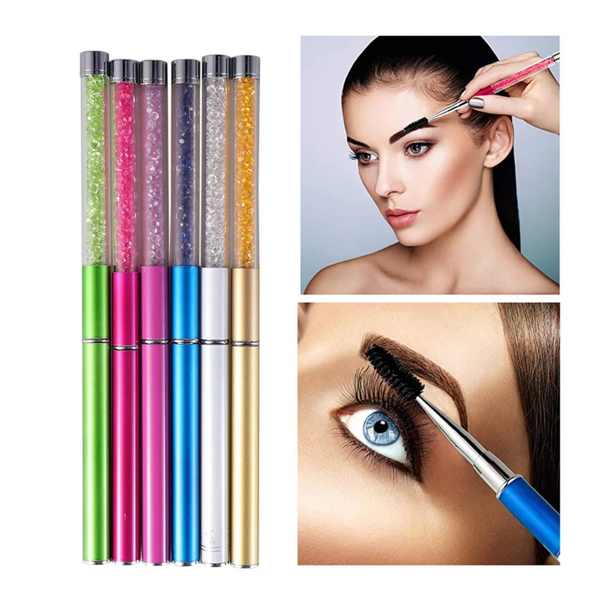 Set di 6 Spazzole a Spirale per Ciglia con Manico in Strass, Applicatore per Mascara, Pettine per Extension Ciglia, Strumento per Trucco Femminile