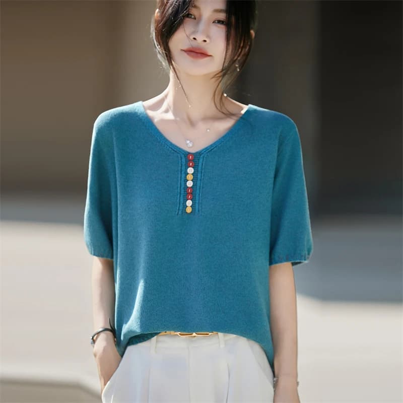 Nuova T-shirt Estiva 2026 in Lino da Donna a Maniche Corte, Casual, con Scollo a V, Lavorata a Maglia, Pullover da Donna a Maniche Corte, Moda, Offerta Speciale