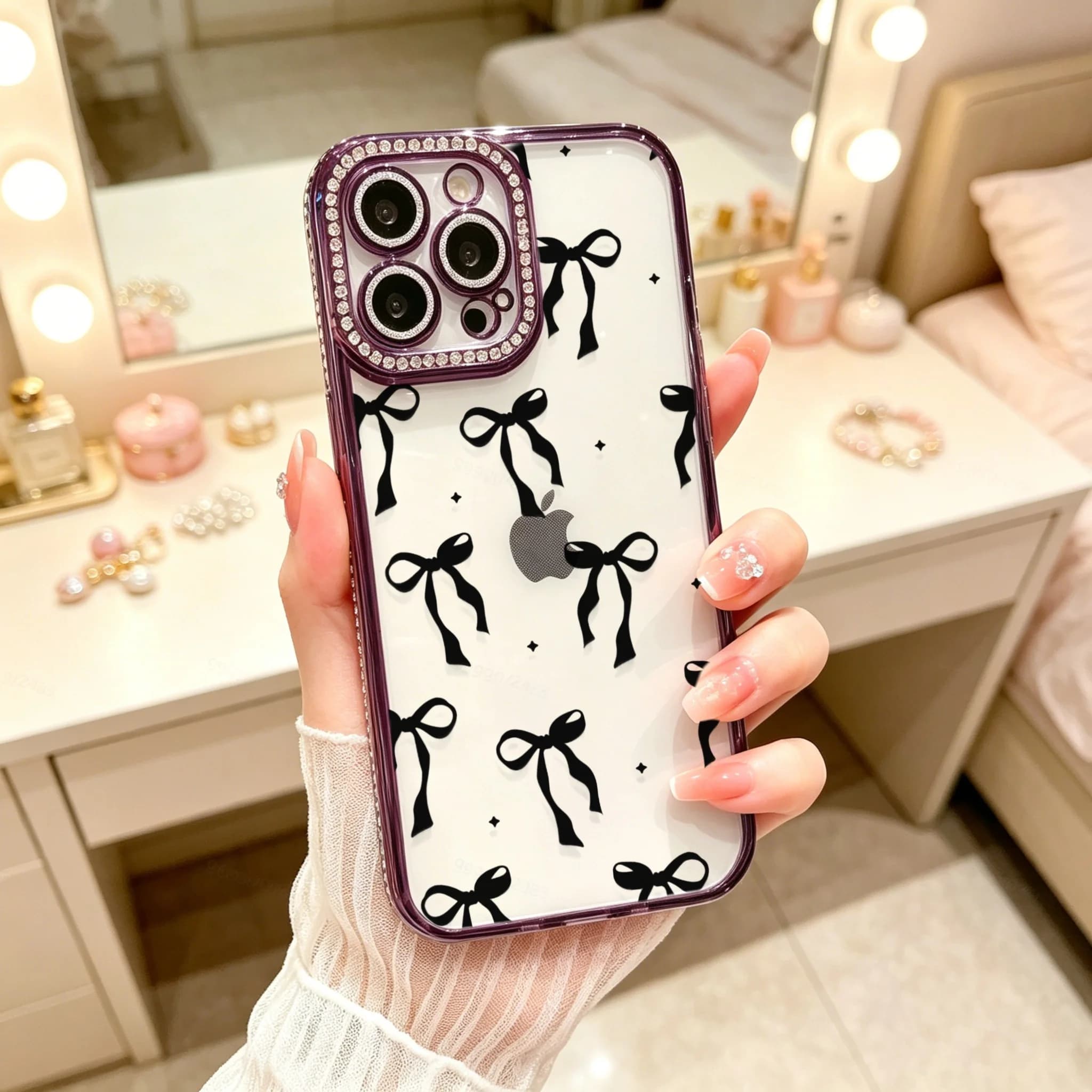 Diamond Electroplated TPU Phone Case for iPhone, Cute Girly Phone Case, Black Bow Pattern With Rhinestone Camera Frame , Luxury Glitter Rhinestone Frame, Built-in Lens Protector, Anti-Slip Shockproof Clear Cover