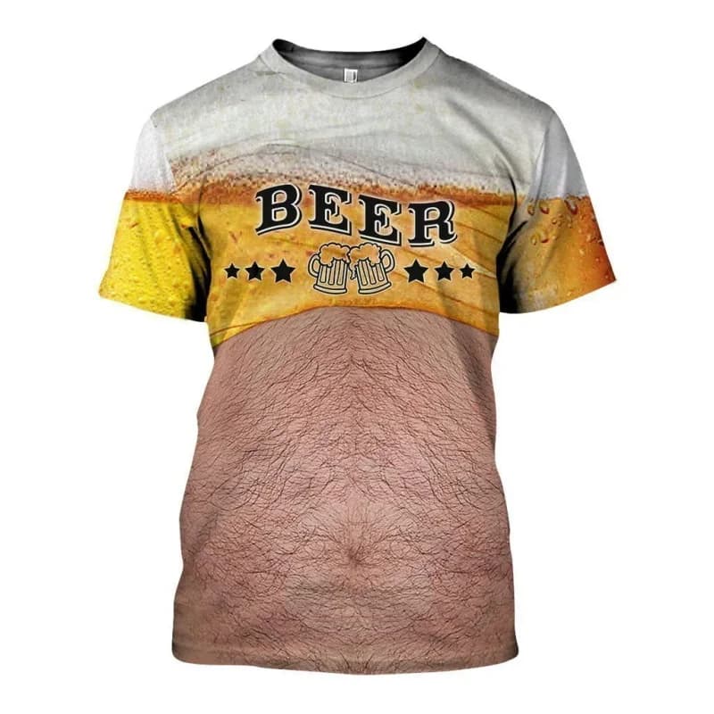 Funny Fake Hairy Beer Belly 3D Print Crew Neck Short Sleeve T-Shirt Men Summer Beer Mug Graphic Prank Casual Streetwear Top