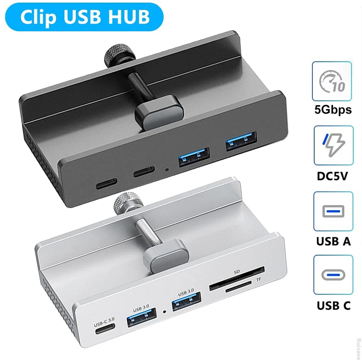 Morsetto HUB USB a 6 porte Adattatore splitter USB 3.0/2.0 5Gbps Estensione USB Hub Clip Scheda SD TF Lettura veloce per PC desktop MacBook