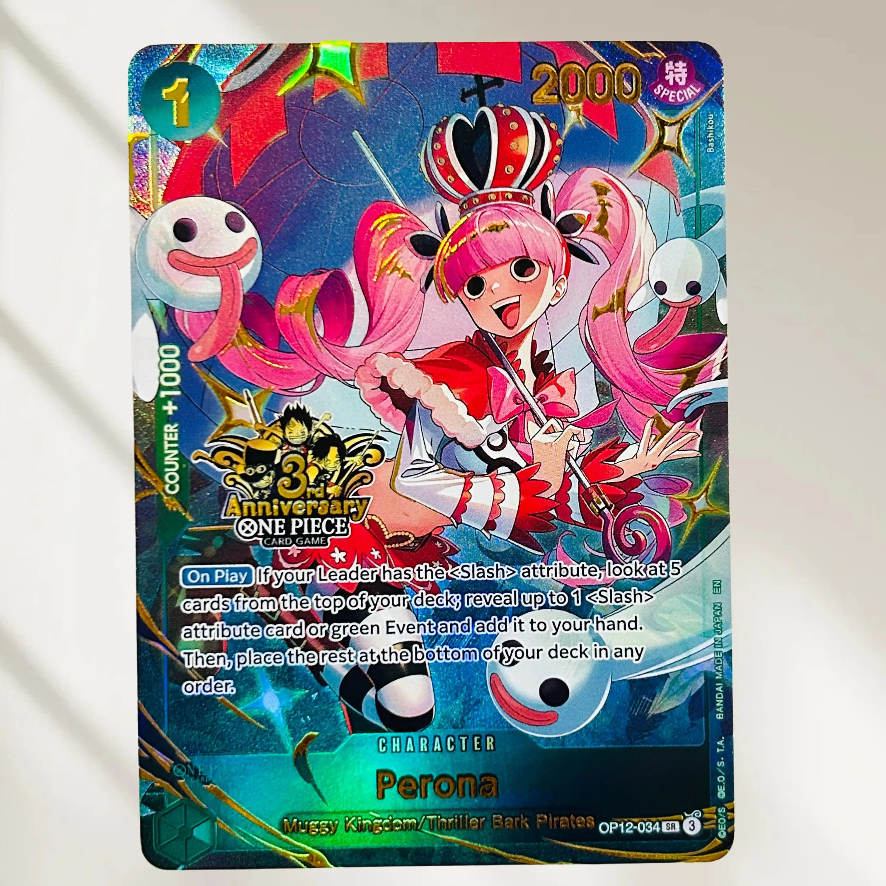 DIY One Piece Perona OP12-034 3 Anniversary Holographic Texture Cards EN Version Perfect Condition Classic Anime Collectible TCG