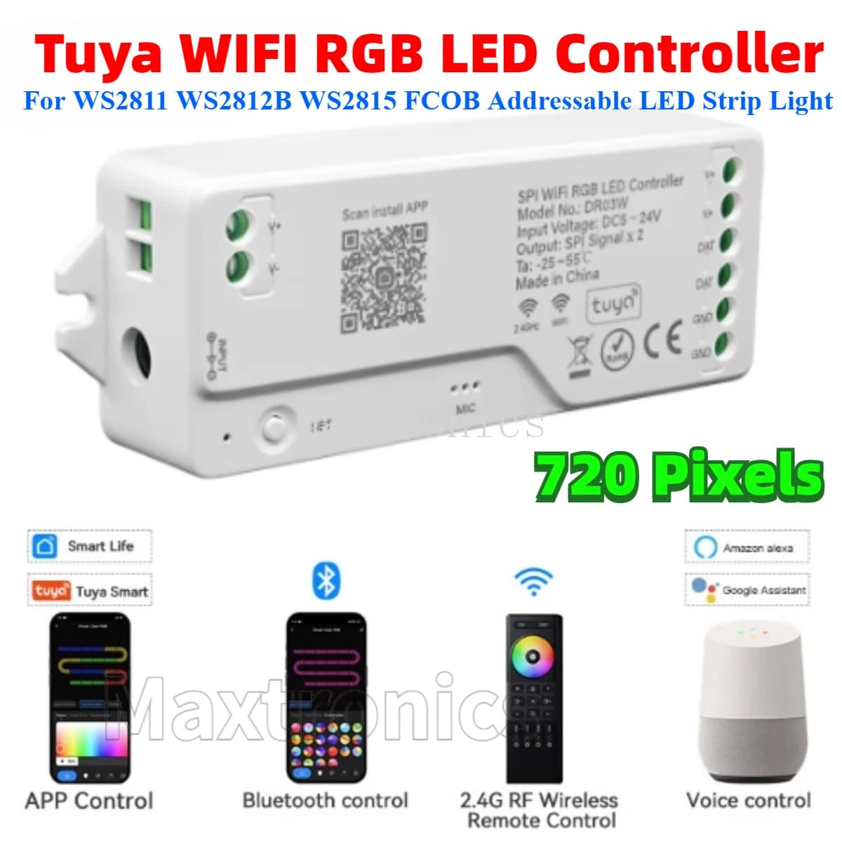Tuya Wifi SPI RGBIC Controller LED Alexa Google Assistenza 720 Pixel per WS2811 WS2812B WS2815 FCOB Luce di striscia LED indirizzabile