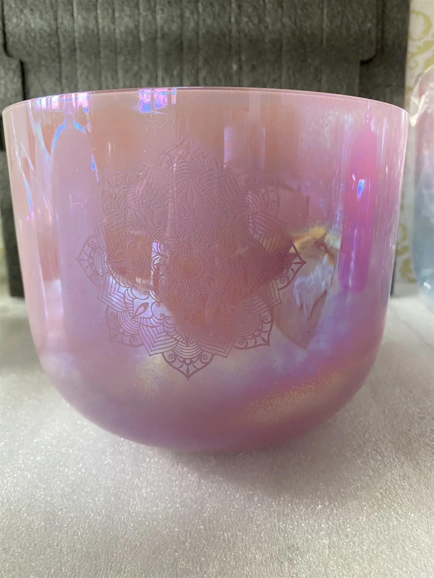 nearly 9" 432hz 2nd octave B note Crown chakra Cosmic milky purple crystal singing bowl with engraving "Om Mandala"