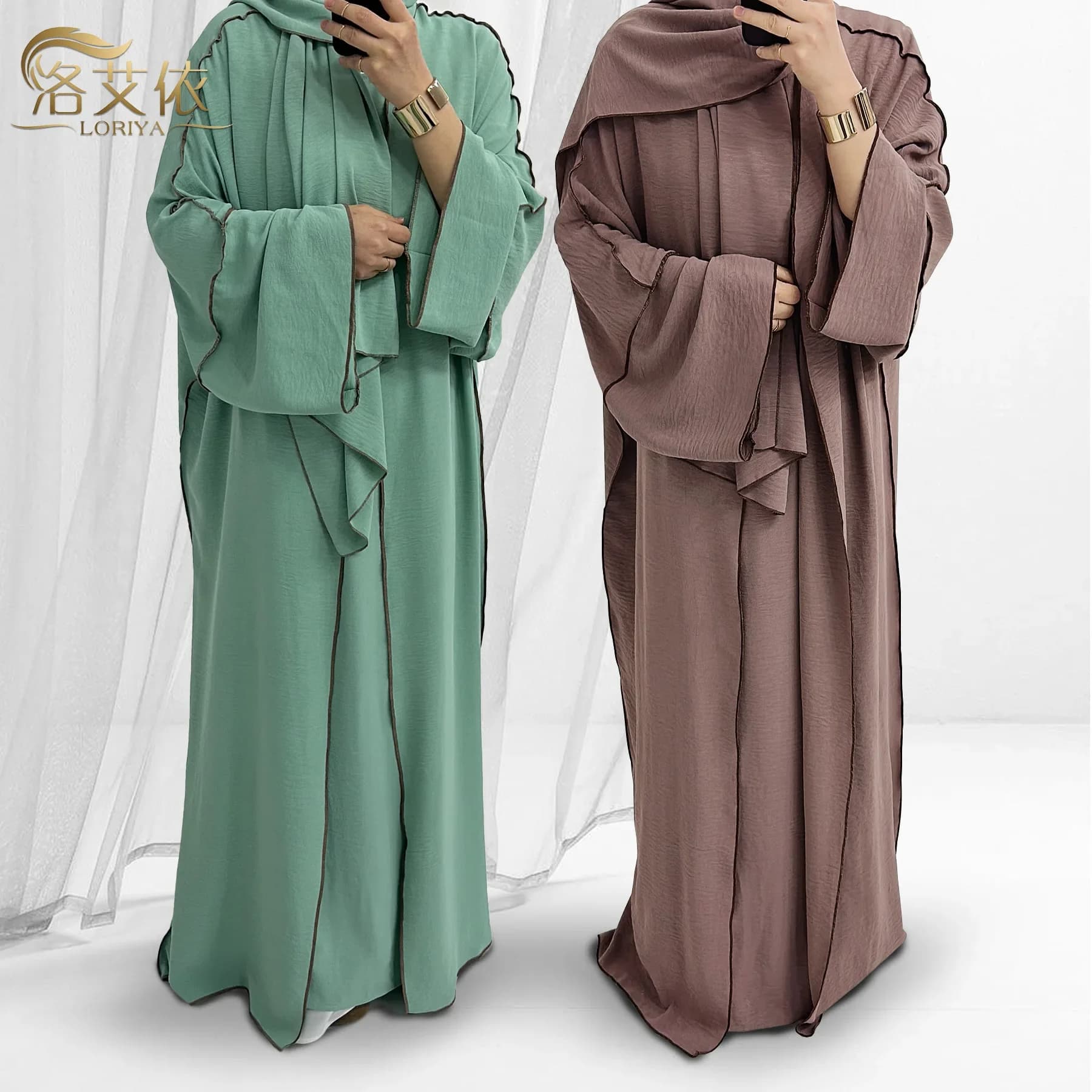 Turchia Dubai Abaya Set musulmano Cardigan Interno risvolto e turbante Abiti lunghi musulmani Abaya aperto musulmano in tre pezzi per abito da donna