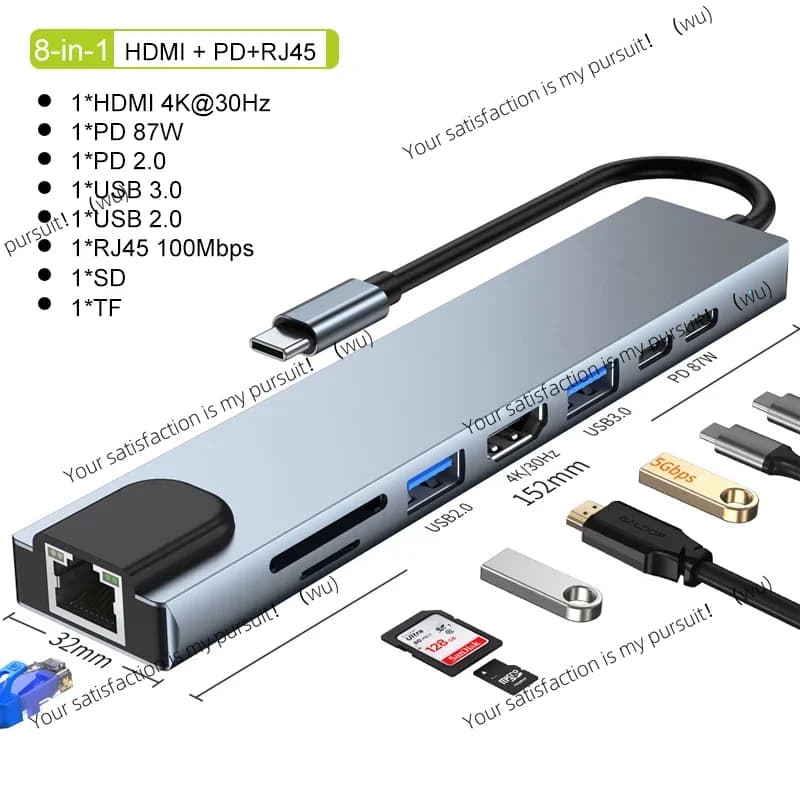 Hub USB C 8/7 pollici, adattatore da USB C 3.1 a HDMI 4K, supporta lettore di schede RJ45 SD/TF, ricarica rapida PD, adatto per notebook MacBook