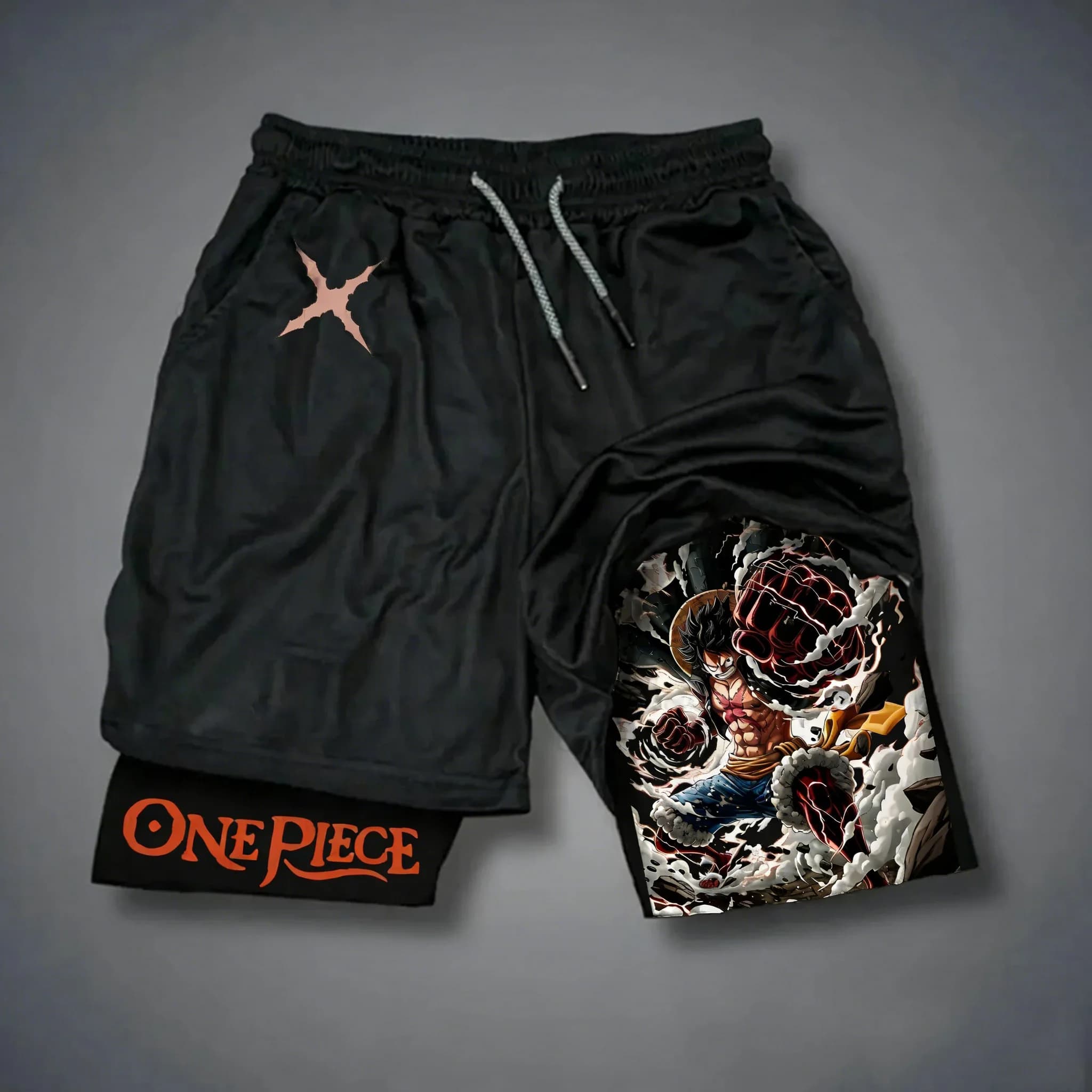 2-in-1 Men's Sports Shorts ONE PIECE 2026 New, Print Anime Luffy Gear 4, Breathable, Fast drying, for Football and Swimming
