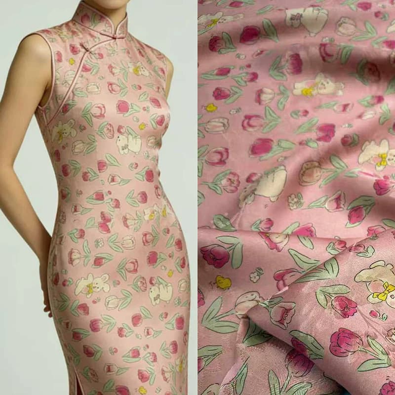 Tessuto in Seta Hualuo Stampato con Conigli e Tulipani, Larghezza 114CM, 25MM, per Abiti Estivi e Primaverili, Pantaloni, Pigiami, Materiale per Cucito Fai-da-Te R6597