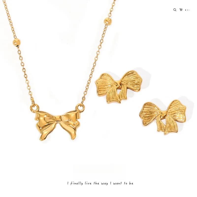 Elegant Geometric Bbow-shaped Pendant Titanium Steel Earrings/Necklace Set Plated 18K Gold Waterproof Non-Allergenic Jewelry