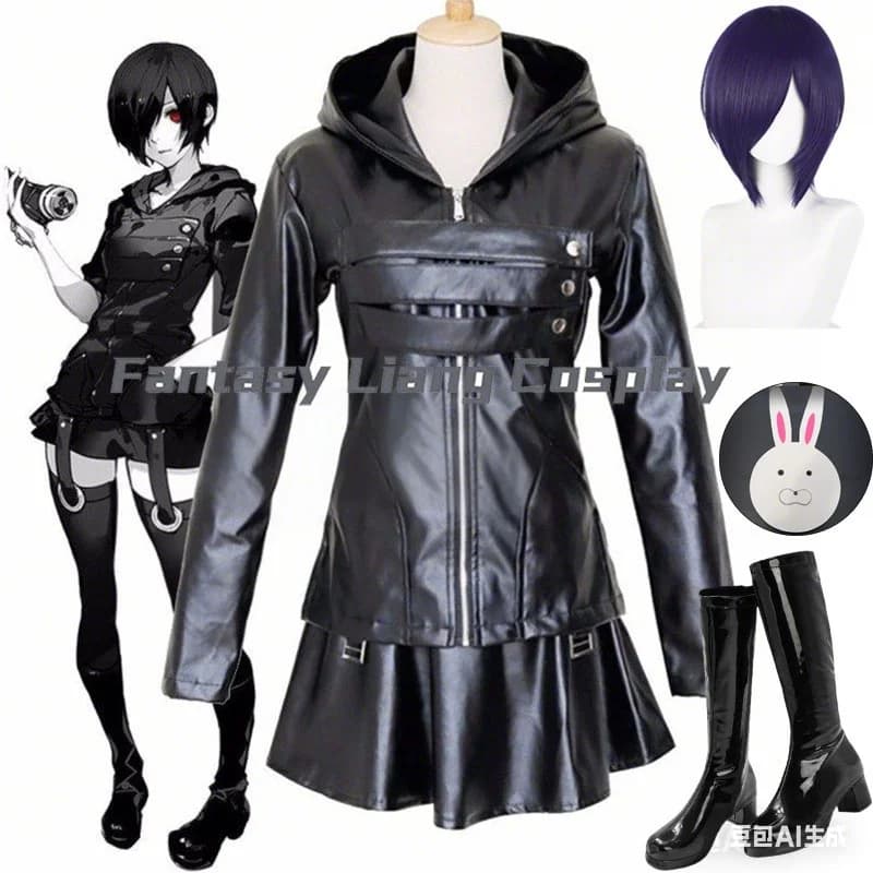 Costume Cosplay Anime Touka Kirishima, Complete Set with Wig, Shoes, PU Leather Uniforms, Black Dress with Hood, Women's Combat Dress, Halloween