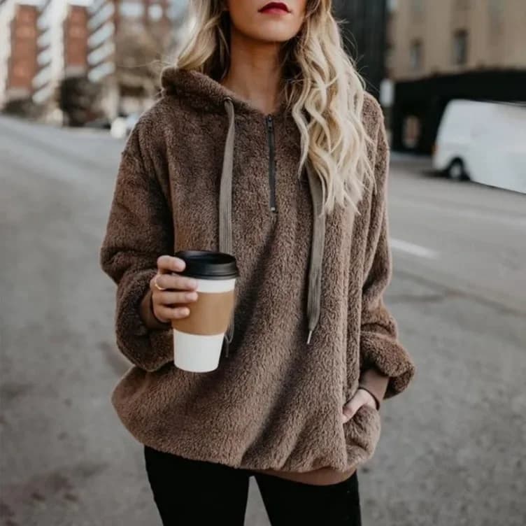 Maglione con cappuccio a maniche lunghe da donna, cappotto monocromatico, tendenza della moda