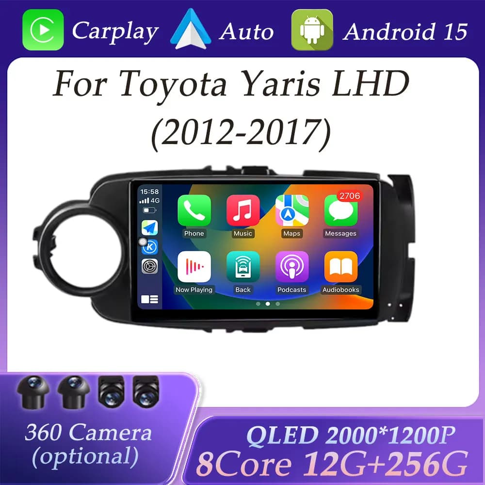 Schermo QLED per Toyota Yaris LHD 2012 - 2017 CarPlay Autoradio Video Audio Lettore multimediale Schermo diviso Navigazione GPS WIFI BT