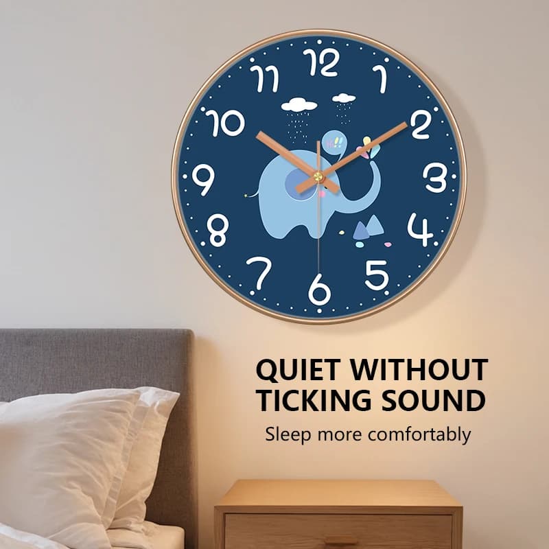Orologio da parete a forma di elefante, silenzioso, simpatico design blu navy, orologio al quarzo rotondo facile da leggere per la decorazione della camera da letto, della scuola materna e della classe