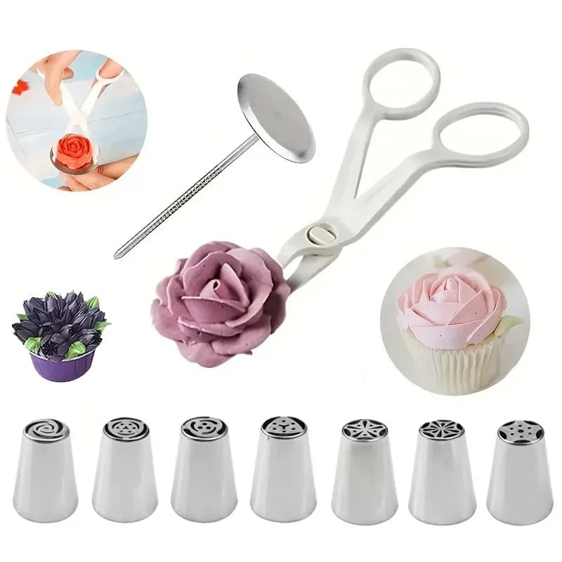 9PCS Russian Piping Tips Set - 7 Flower Nozzles with Cake Flower Scissors & Nail -Professional DIY Buttercream Decorating Tools