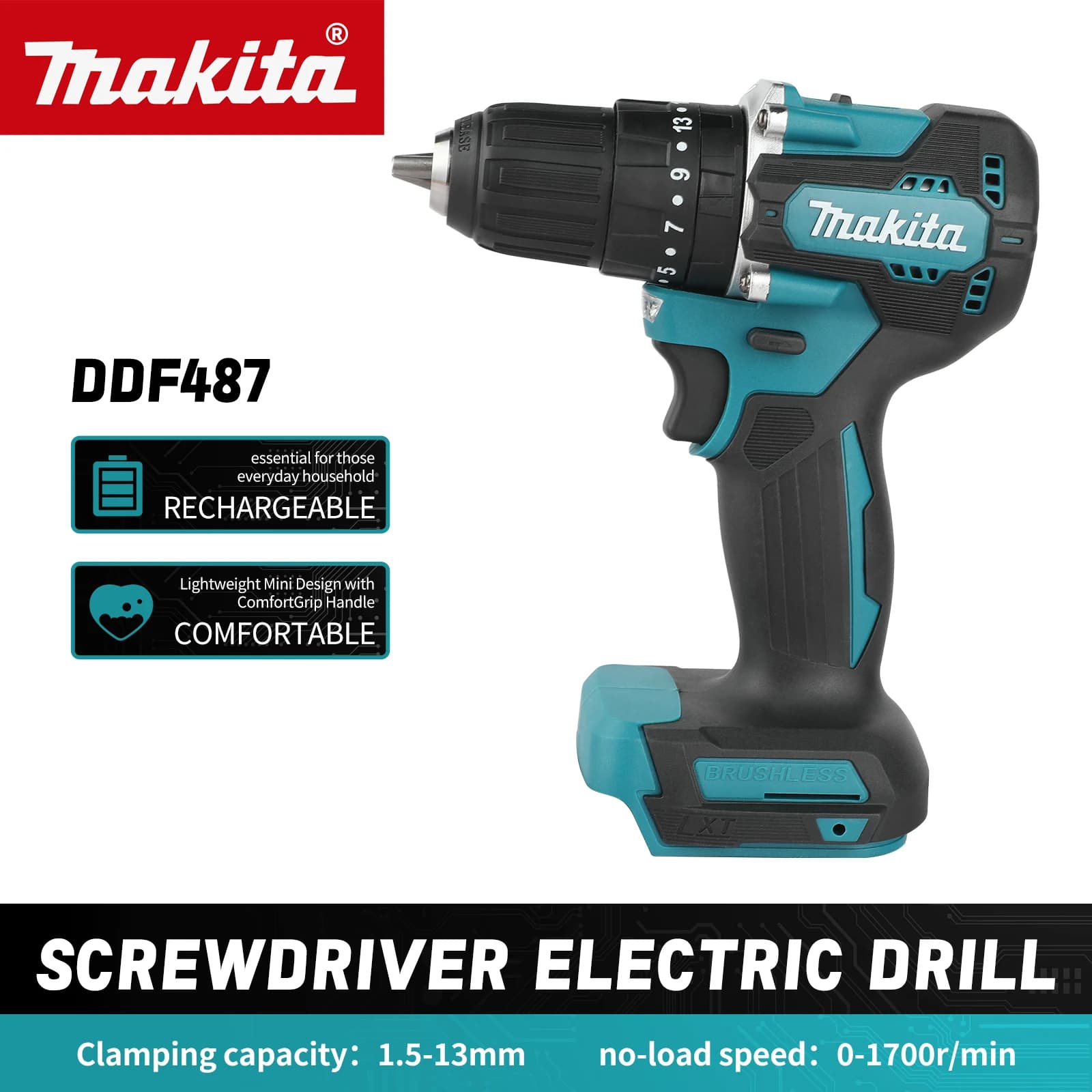 Makita DDF487 18VCordless Screwdriver 3Working Modes 40NmHigh Torque Portable Electric Drill For DrillingAndScrewing Power tools