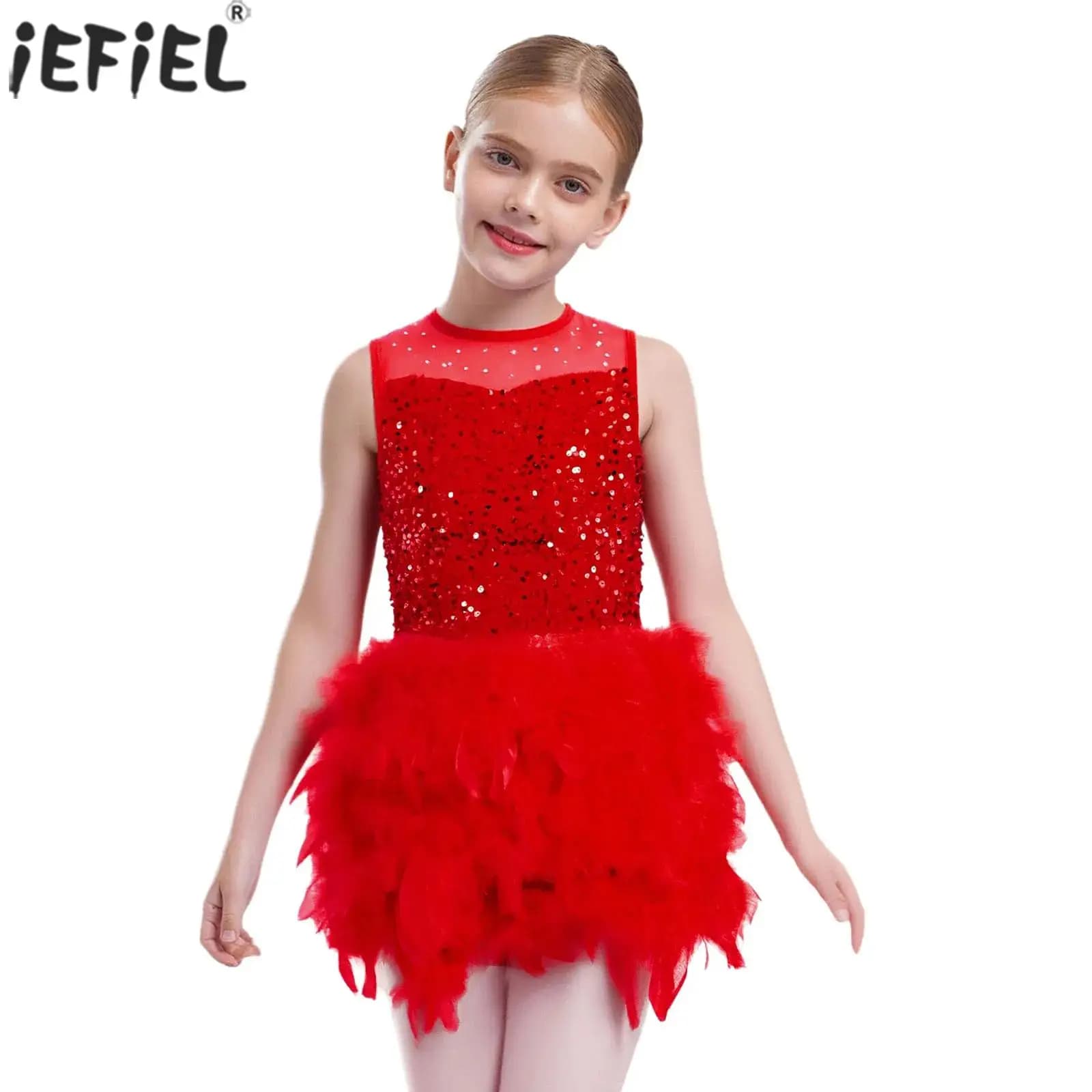 Ragazze dei capretti Pattinaggio di figura Jazz Balletto Vestito da ballo Senza maniche Paillettes lucide Piume di velluto Tutu Body per banchetti Festa di ballo