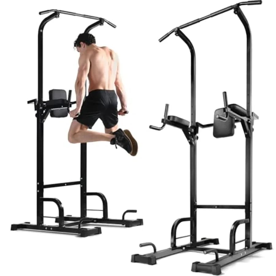 Home gym pull-up bar free standing power tower in black steel: height adjustable, 440LBS capacity, durable heavy-duty calisthen