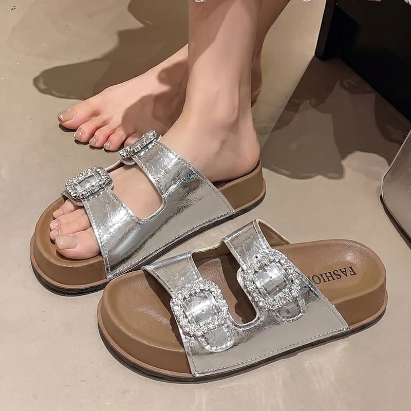 Fashion Crystal Square Buckle Platform Slippers Women 2026 Summer Silver Thick Bottom Sandals Woman Korean Non Slip Beach Slides
