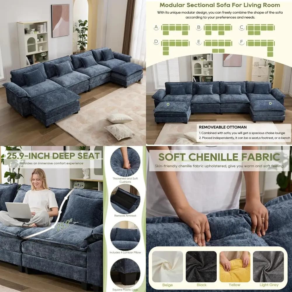 Grande divano componibile a forma di U a 4 posti in ciniglia con 2 pouf e 4 cuscini lombari per posti confortevoli