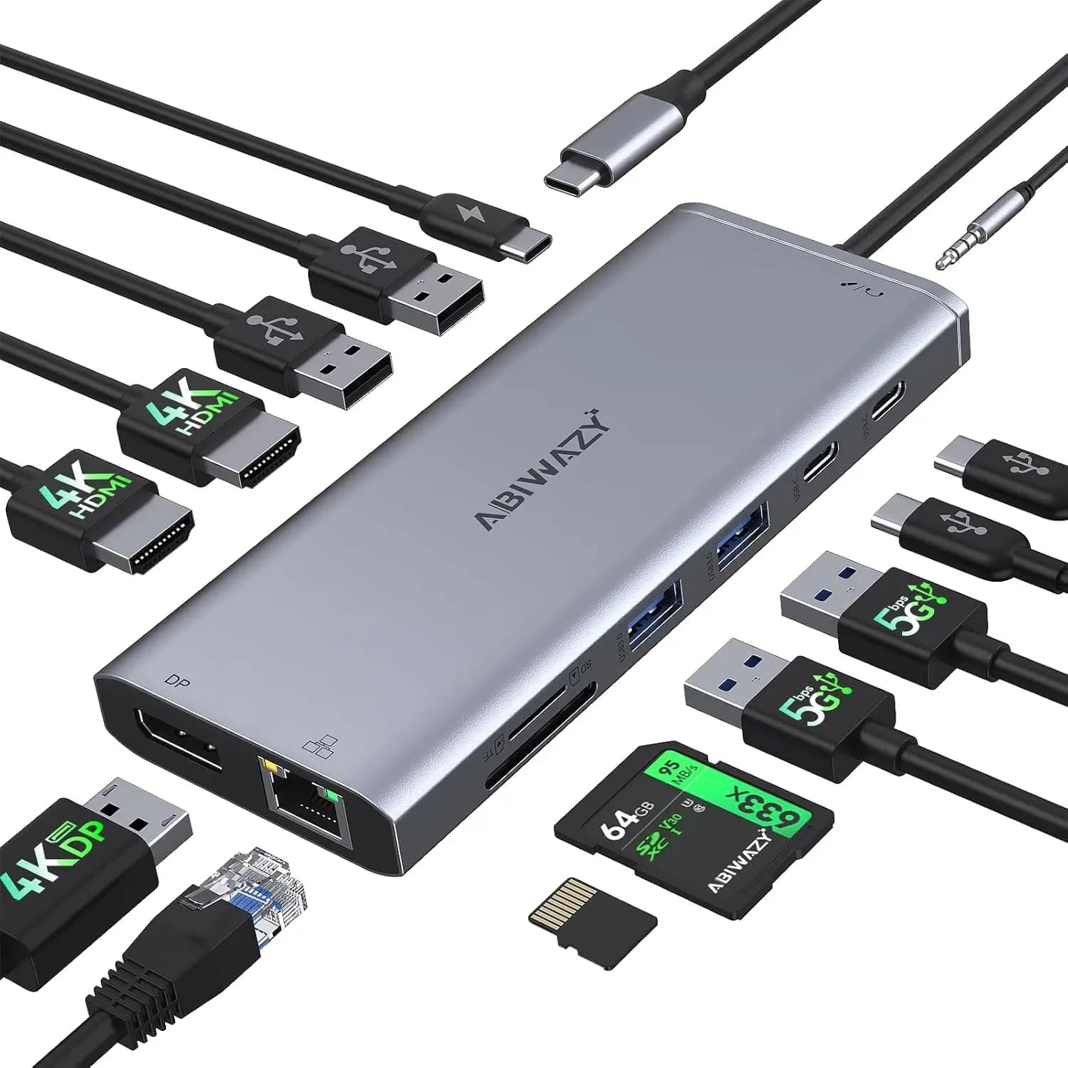 Docking Station USB-C 14-in-1 con Doppio HDMI, DP, 7 Porte USB, Ethernet e Audio per Laptop
