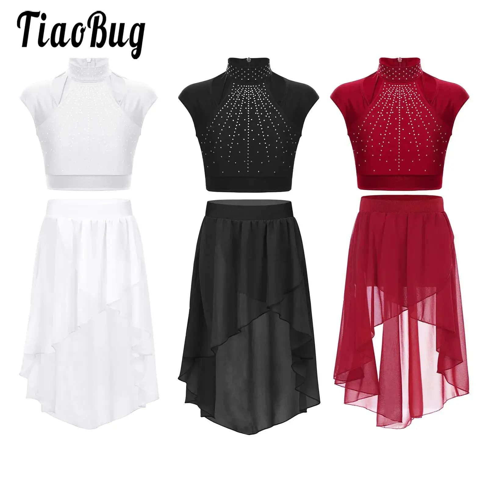Costumi di danza moderna lirica per ragazze per bambini Vestito da ginnastica di pattinaggio di figura Top corto senza maniche con strass e gonne in chiffon