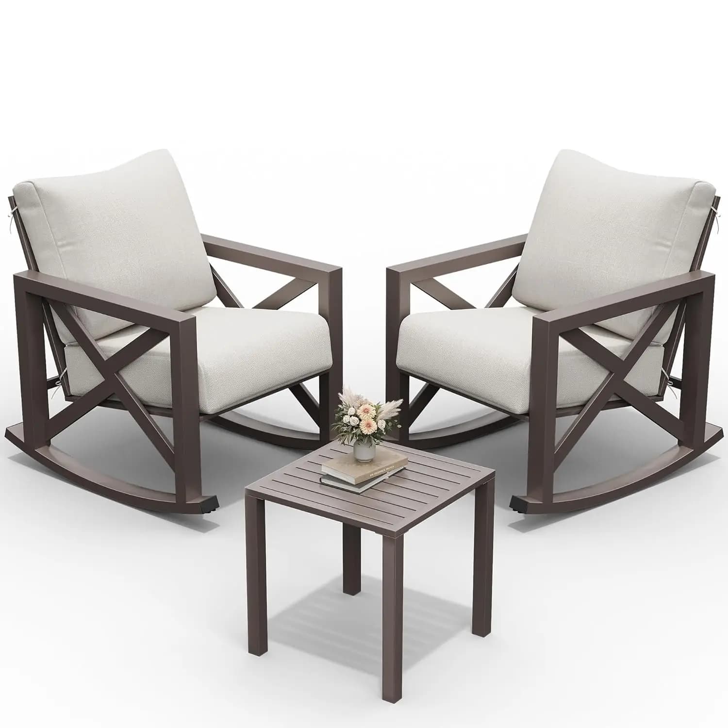Rocking Chair Outdoor Set 2 with Coffee Table, 3 Piece Metal Rocking Bistro Set with 6.5" Water-Resistant Cushions,, Customized