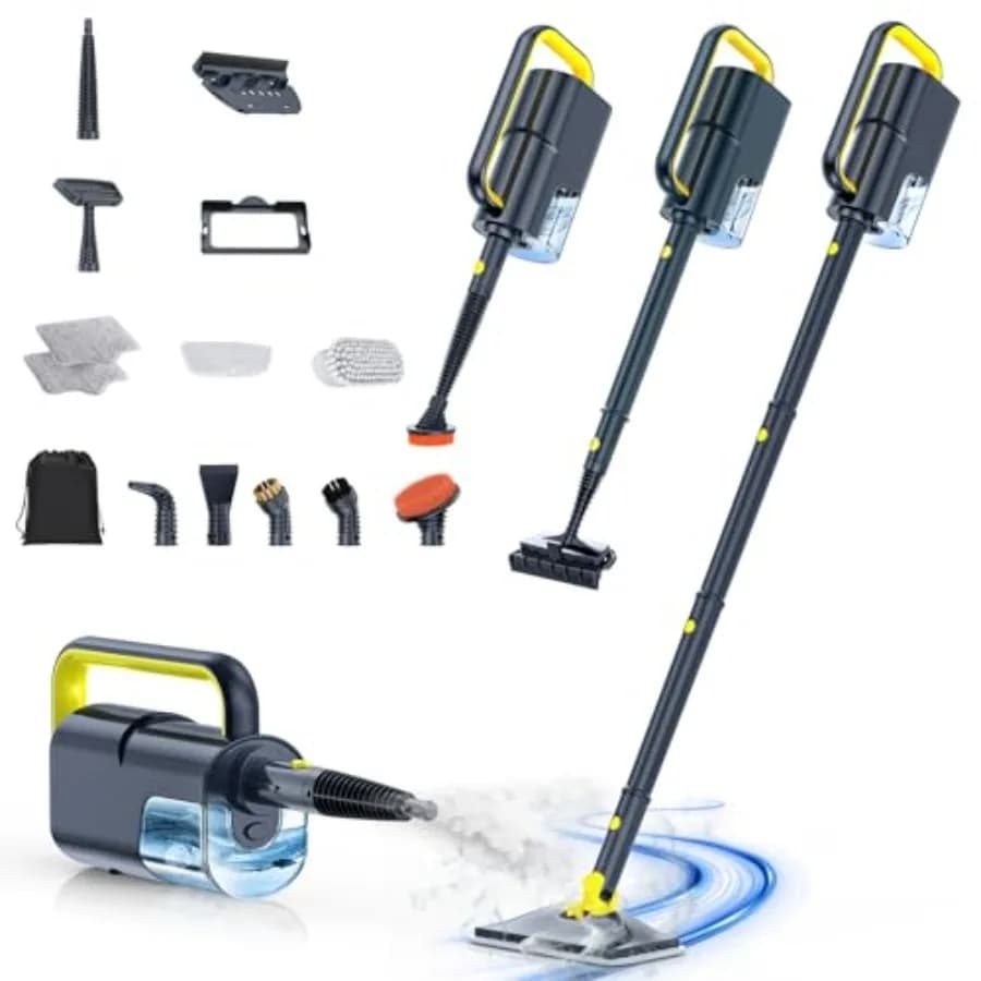 Scopa a Vapore con Pulitore a Vapore Portatile Staccabile, 10-in-1 Multi-Accessori, Riscaldamento Rapido in 10s, 350ml e 2 Livelli di Potenza per la Pulizia