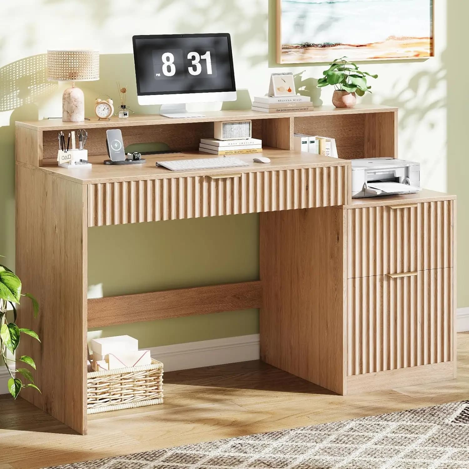 Scrivania per Computer Scanalata con Cassetti, Prese Elettriche, Supporto Stampante, Mobile Contenitore, Supporto Lungo per Monitor, in Rovere Personalizzabile