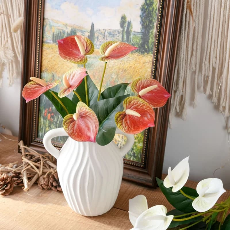 8pcs Artificial Flowers Plastic Anthurium Plant Home Living Room Decoration Fake Flower Simulation 7-heads Anthuriums Bouquet