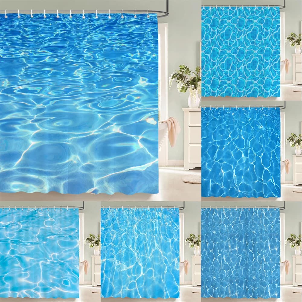 1 pz. Tessuto impermeabile per tenda da doccia in materiale poliestere con stampa ondulata d'acqua di arte minimalista blu, tenda divisoria per bagno