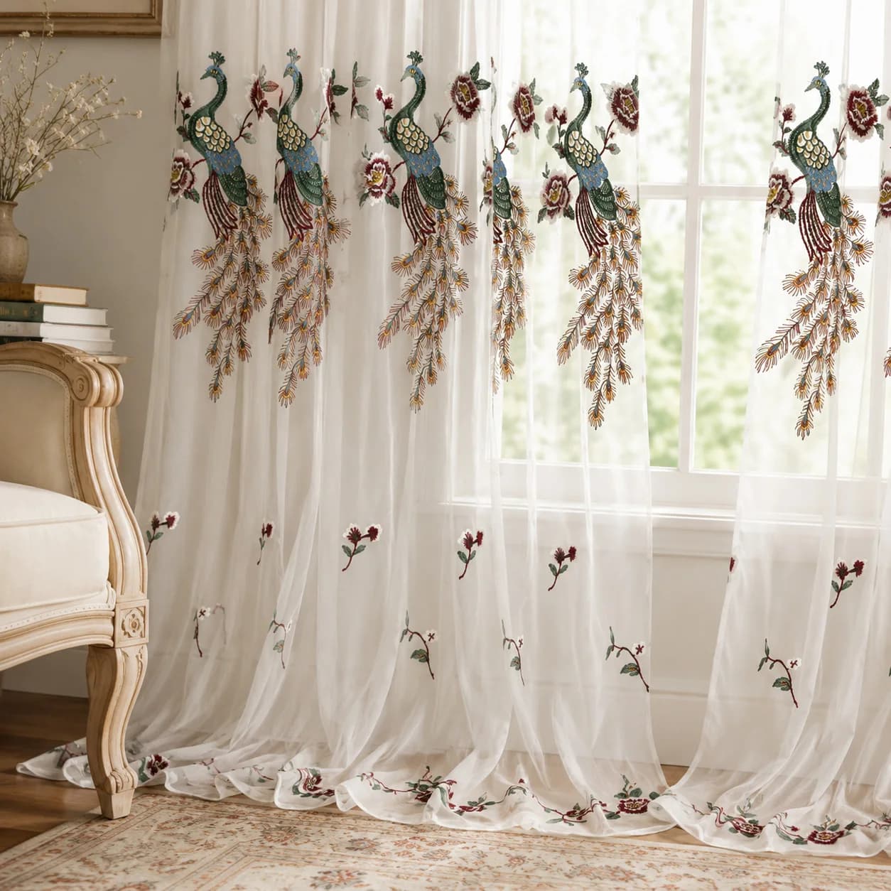 1 Piece, White Fresh Ins-Style Peony and Peacock Embroidered Sheer Curtain, Rod-Top Installation, Light and Transparent with Soft Light Filtering, Exquisite Peony and Peacock Embroidery Craftsmanship, Smooth Drape, 100% Polyester Fabric, Washable, Bohemian Ambiance Soft Decor, Suitable for Bedroom, Living Room, Bay Window, Homestay, Girls' Dormitory, Does Not Include Installation Accessories and Tiebacks