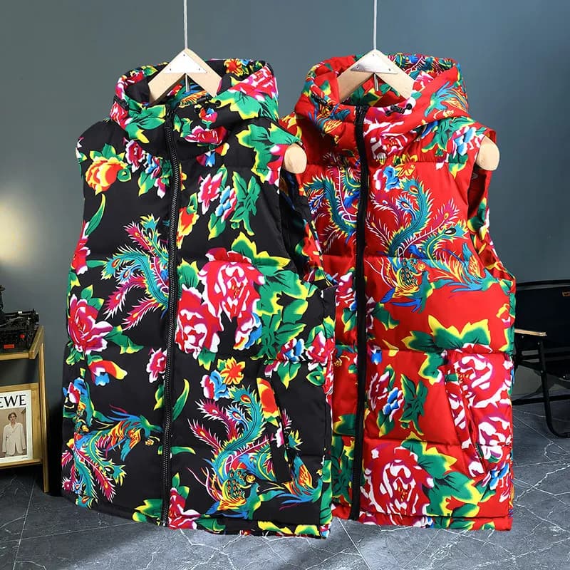 Giacche imbottite in cotone con fiori grandi del nord-est da uomo Autunno Inverno Gilet con cappuccio da uomo Gilet senza maniche floreale stile cinese