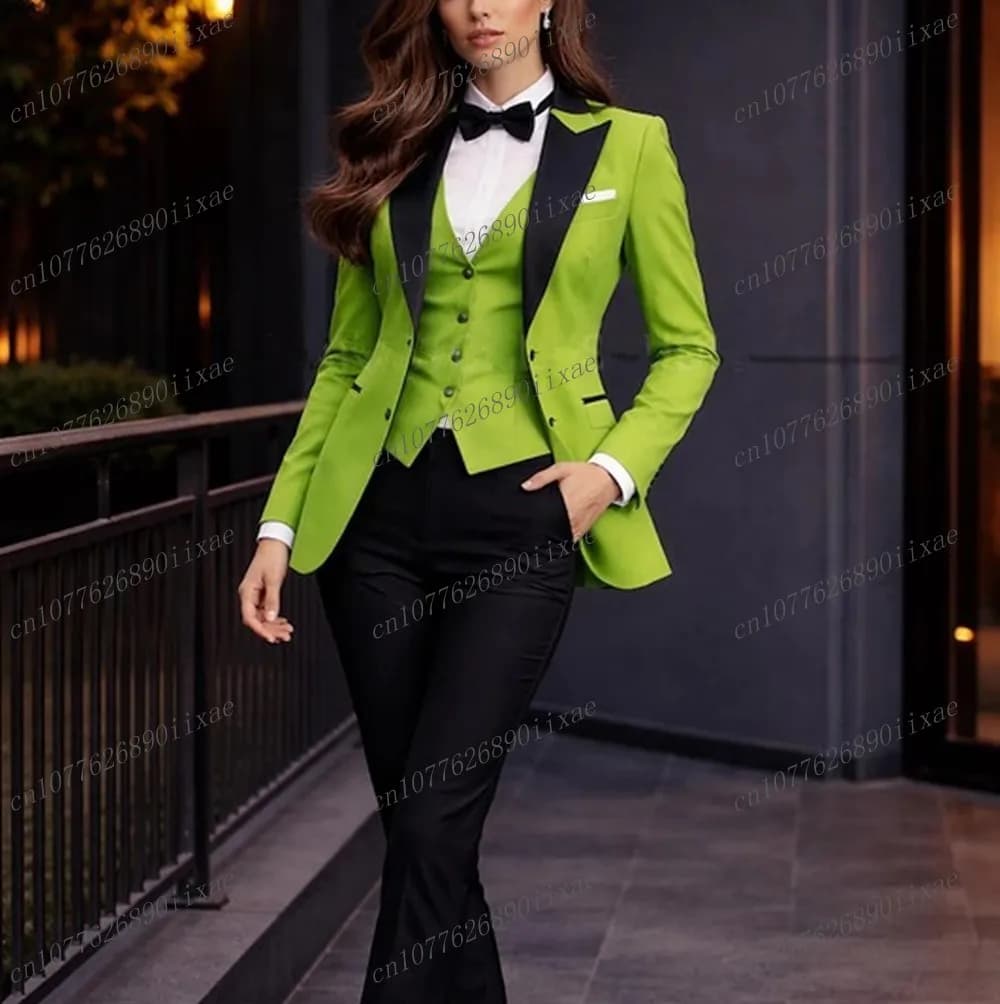 Completi da donna verde chiaro e neri, tailleur da donna per affari, smoking da cerimonia per la mamma, abito formale da donna in 3 pezzi, giacca, gilet e pantaloni