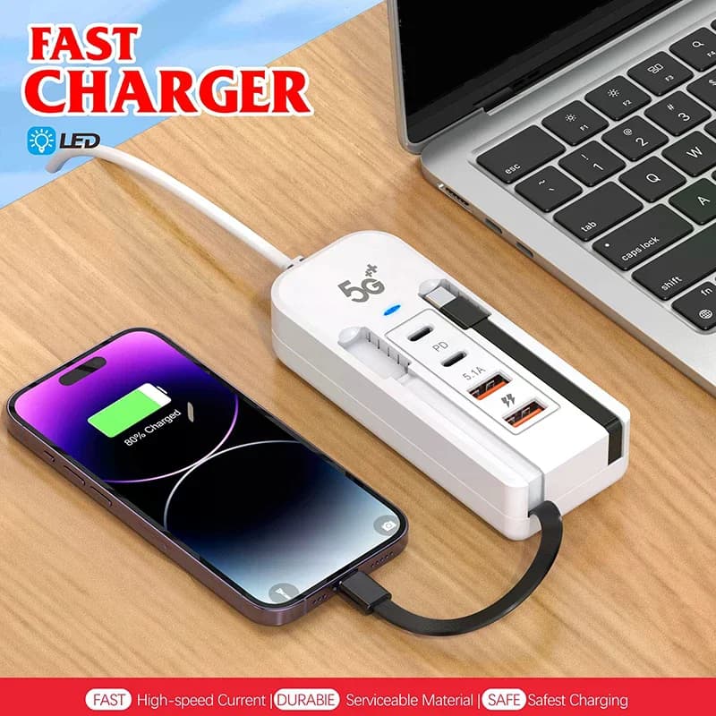 4 port USB charger with type C extension cable Multi double port PD fast charging for mobile devices